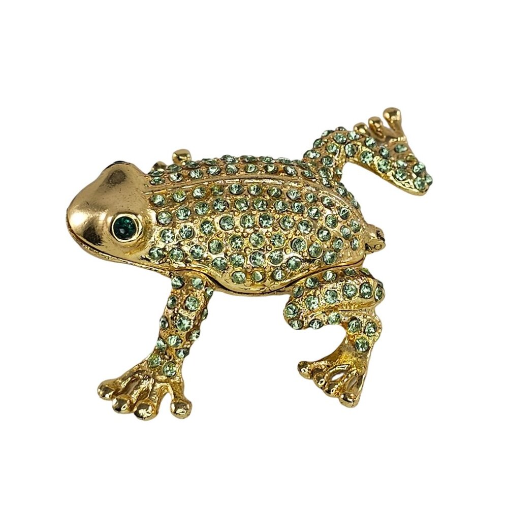 Gold Tone Frog Trinket Box Green Rhinestones Hinged Lid Small Jewelry Storage